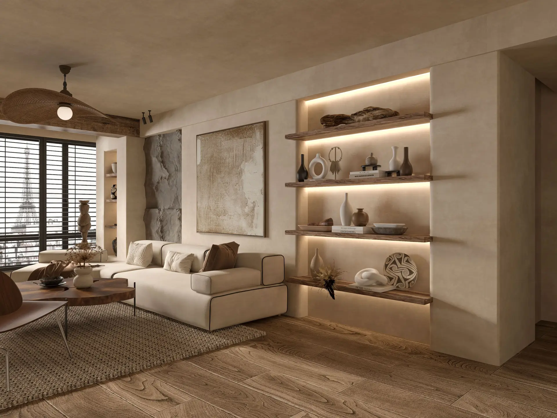 Vue luxueuse sur l'architecture urbaine depuis un salon moderne